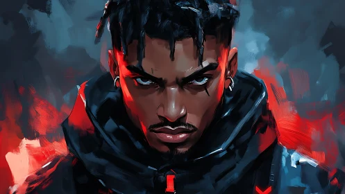 Digital portrait of intense figure in red-blue chromatic contrast.