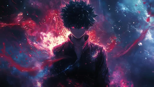 Dark-haired anime sorcerer stands in blazing cosmic aura