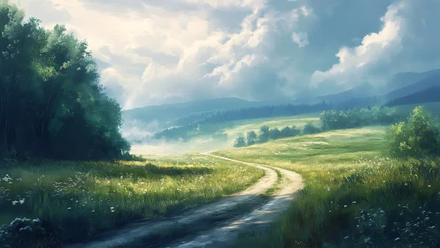 Sunlit country path winds through misty green meadows.
