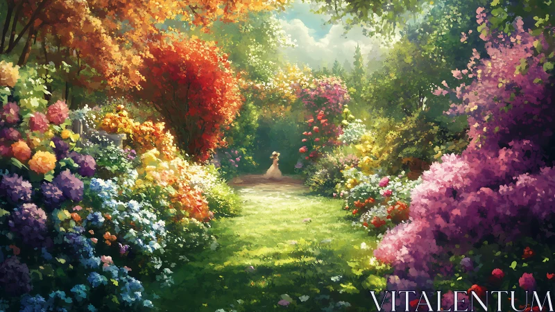 Sunlit garden archway embracing solitary strolling figure.