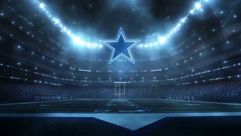 Glowing blue star dominates futuristic football stadium night