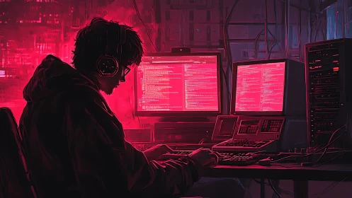 Late night coder glows in neon red light at busy workstation