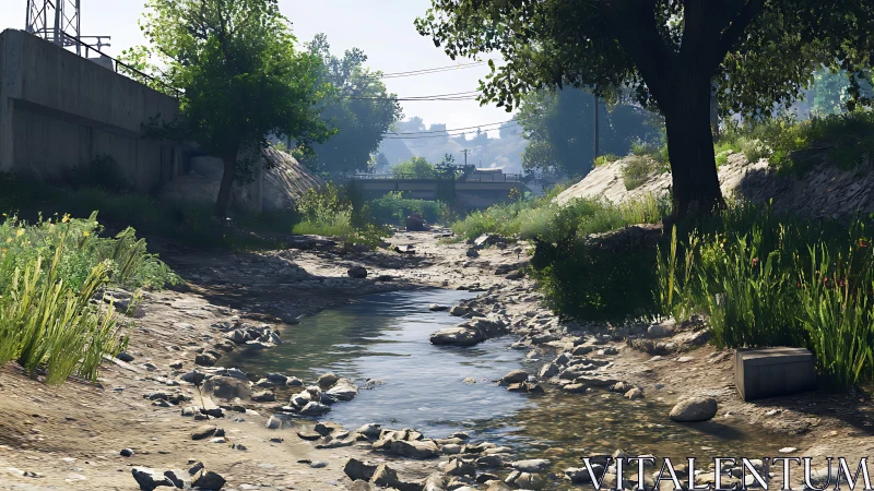 Shallow stream winds through urban fringe under soft daylight.