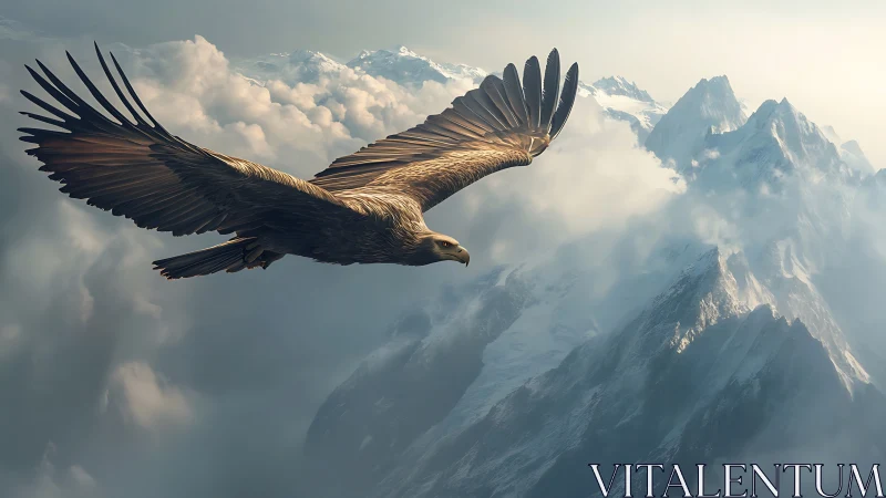 Majestic eagle soaring above snowy mountain peaks in sunlight.