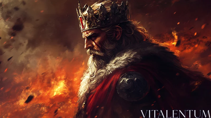 Battle-scarred king strides through embers of a fallen realm