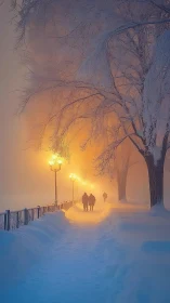 Snow covered path shows people walking under warm streetlights