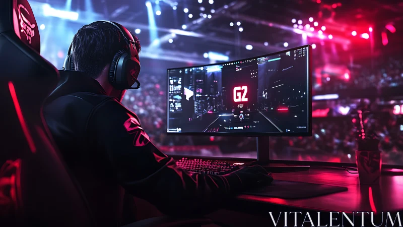 Esports pro at ultrawide RGB battlestation in arena-scale lighting