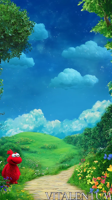 Red furry character explores bright cartoon meadow path.