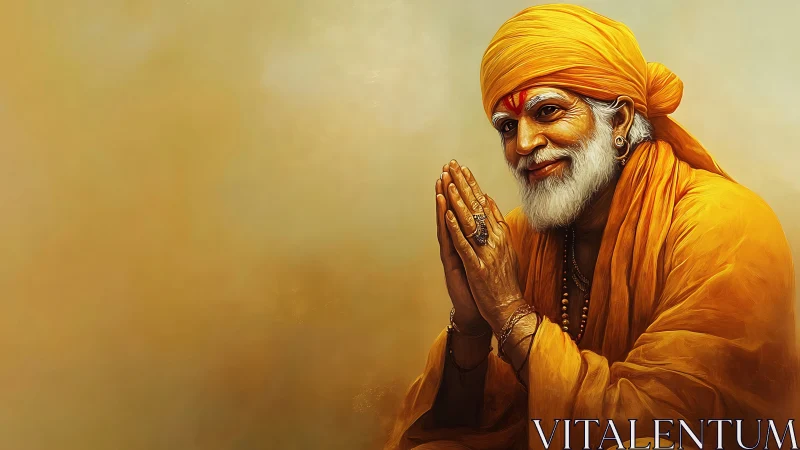 Gentle elder in saffron robes sharing a peaceful greeting.