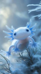 Bioluminescent axolotl rendered in soft-focus aquatic 3D scene