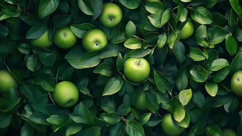 Green apples clustered in dense, glossy orchard foliage.