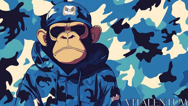 Stylized camo-clad chimpanzee portrait with blue vector graphics.