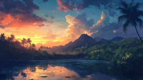 Tropical lagoon sunset reflects vivid clouds and distant peak.