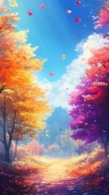 Autumn woodland path under saturated blue sky and drifting leaves.