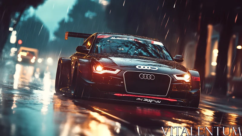 Photorealistic widebody race car on rain-soaked city street.