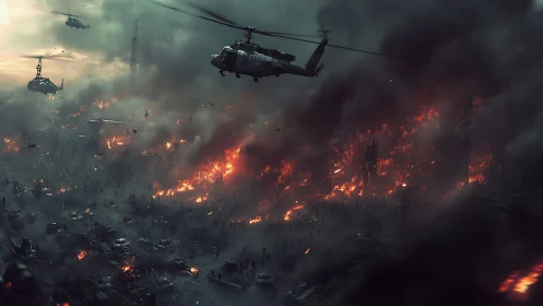 Military helicopters above large burning urban battlefield.