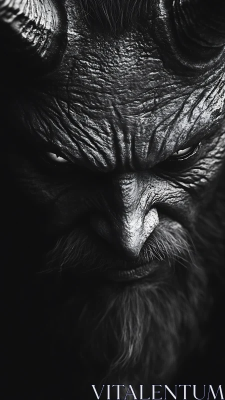 High contrast demonic portrait with textured horns and beard