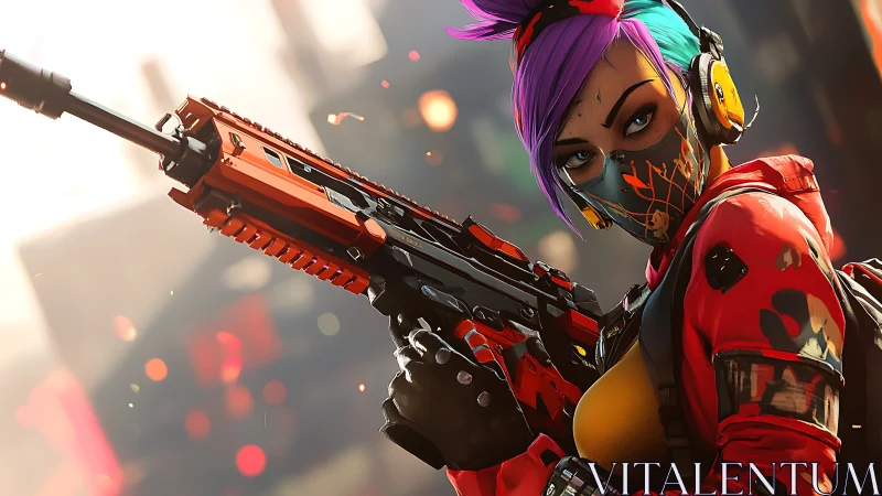 Neon rogue sniper with chromatic mask in burning cityscape.