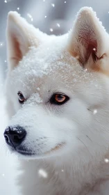 Portrait shows white dog in close-up with snow-dusted fur