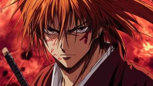 Red haired swordsman stands before fiery abstract sky