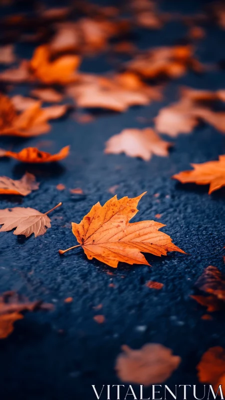Golden maple leaf rests on wet asphalt in rich contrast.