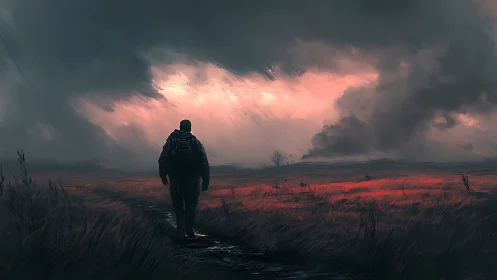 Lone wanderer crossing stormy fields at glowing dusk.