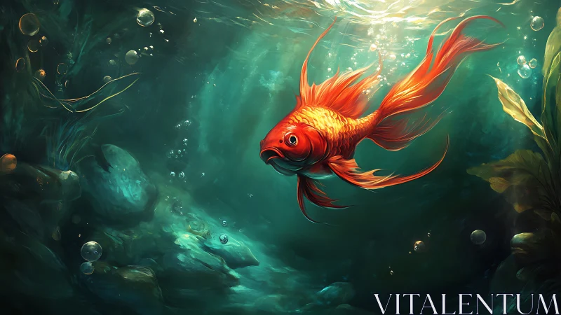 Digital painting of luminous goldfish in deep aquatic chamber.