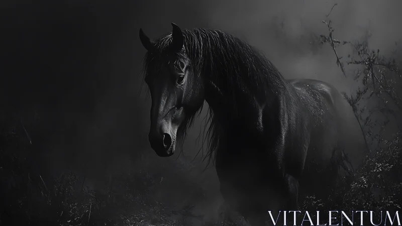 Midnight horse emerging gently from the misty darkness.