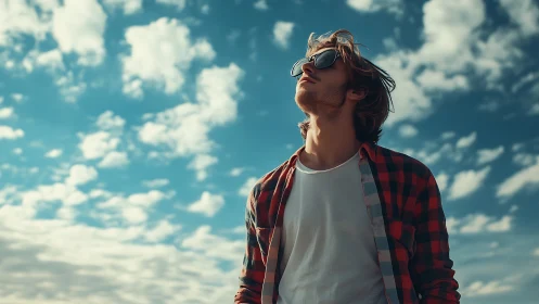Young man in sunglasses under bright open sky.