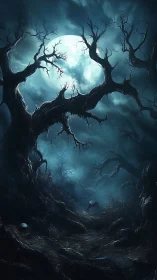 Moody moonlit forest path under gnarled haunted trees.