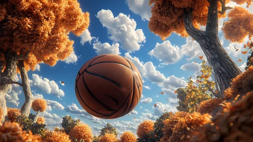 Giant basketball drifts through a dreamy autumn forest sky.