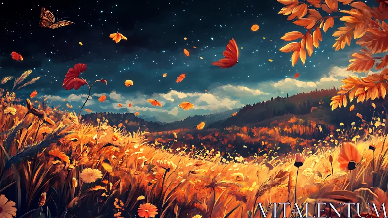 Digital landscape shows autumn field under starry night sky