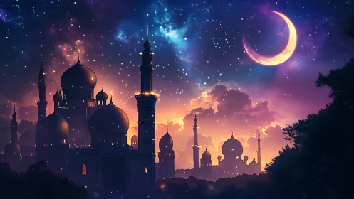 Starlit mosque skyline under luminous crescent moon glow.