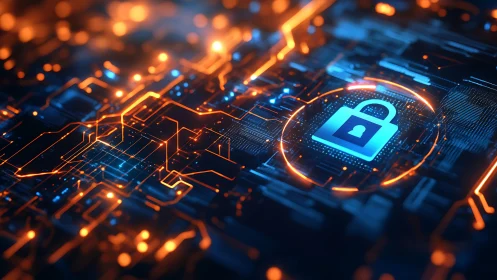 Cyber lock icon over luminous circuit grid in blue orange
