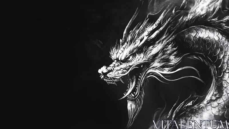 Fierce monochrome dragon swirling from the shadows in smoke.