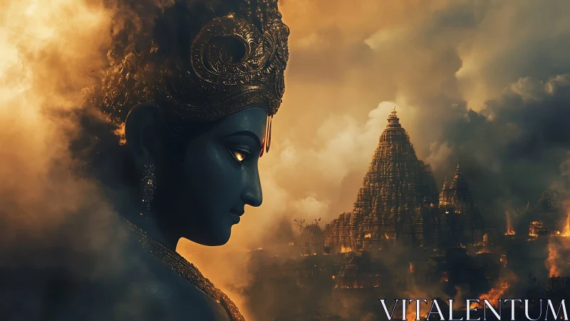 Divine blue deity watches burning temple complex at dusk