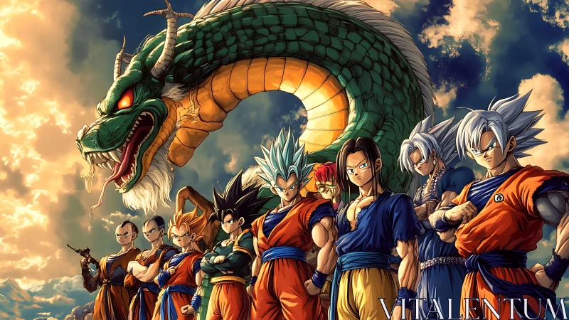 Legendary anime warriors stand united beneath a celestial dragon