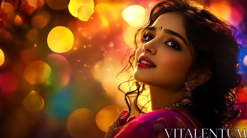 Indian woman glows under vibrant festival bokeh lights.