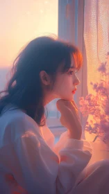 Soft dawn contemplation by window in pastel lightscape.