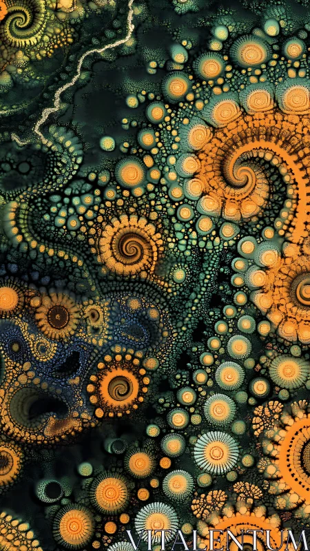 Fractal spiral clusters in teal and orange pattern.