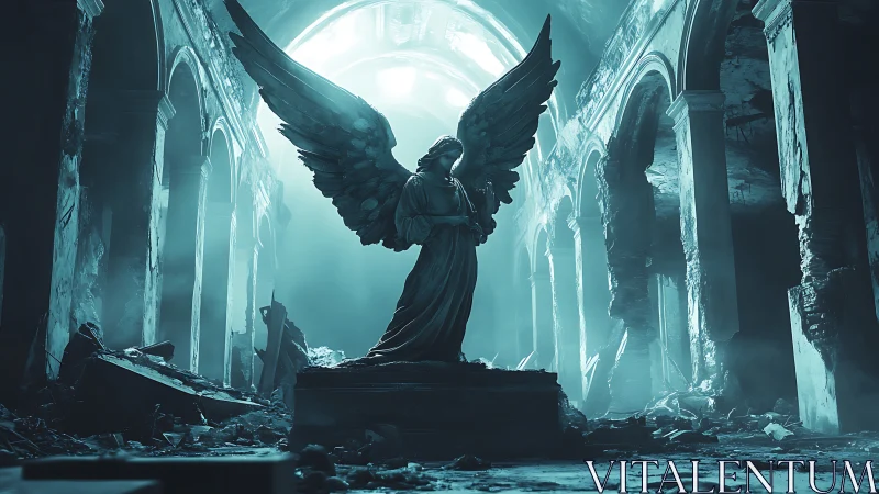 Angel statue stands in ruined cathedral amid ethereal light.