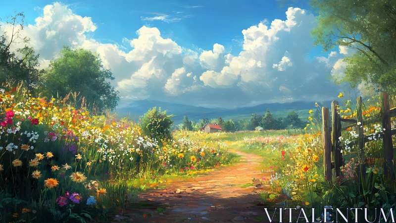 Sunlit rural pathway through dense wildflower meadow to cottage