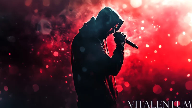 Hooded rapper holds microphone against glowing red haze