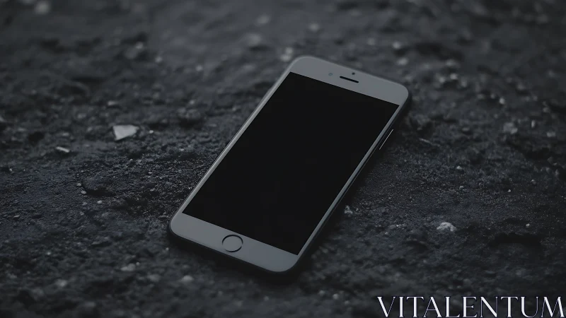 Smartphone lying on rough dark asphalt surface.