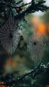 Spiderwebs with dew on evergreen branches in soft focus.