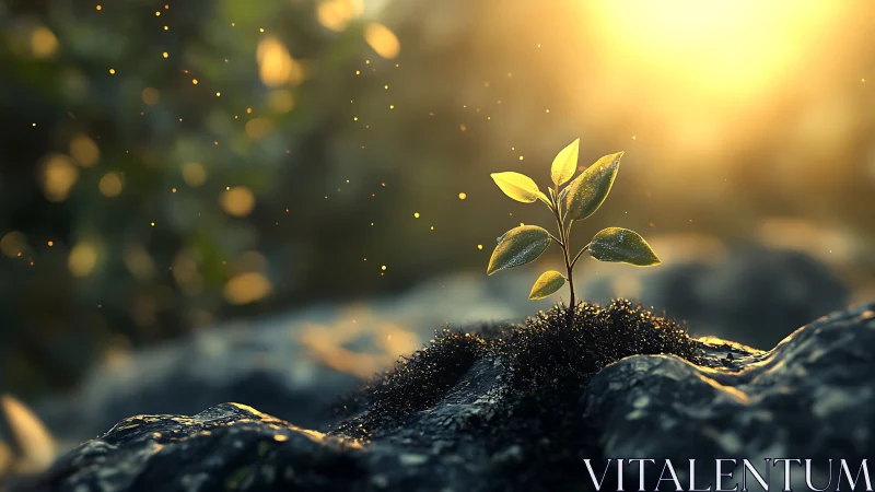 Young plant growing from mossy rock in golden sunrise light, soft focus.