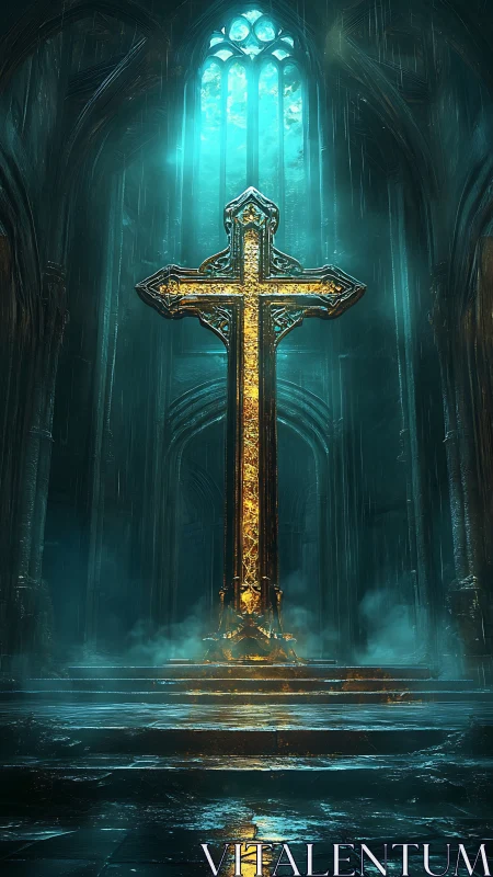 Luminous golden cross rises inside vast misty cathedral