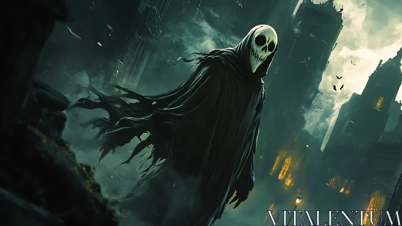 Grim reaper stalks foggy gothic street under eerie glow
