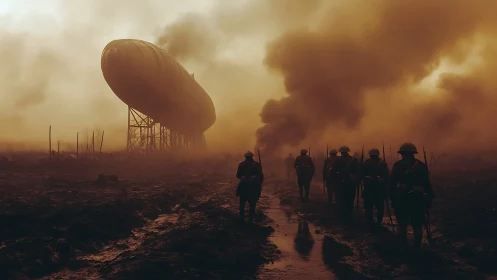Dirigible gantry and infantry column in toxic war haze.