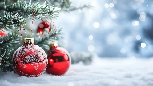 Snow-dusted red ornaments nestle softly beneath a pine bough